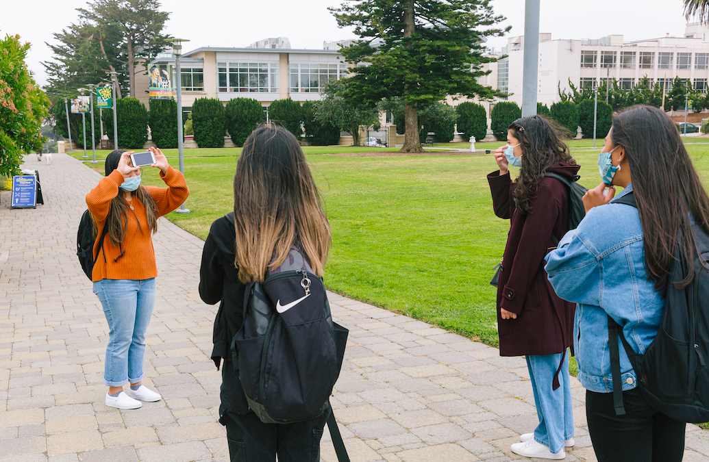 group of students in the lawn playing game on their phone