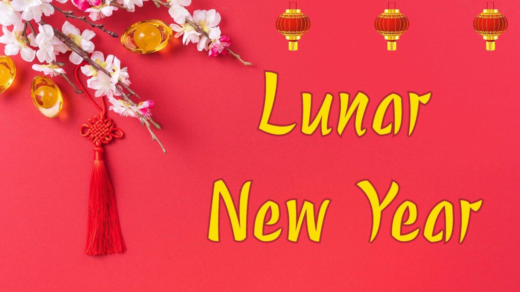 Lunar New Year banner with red background, cherry blossoms and red lanterns.