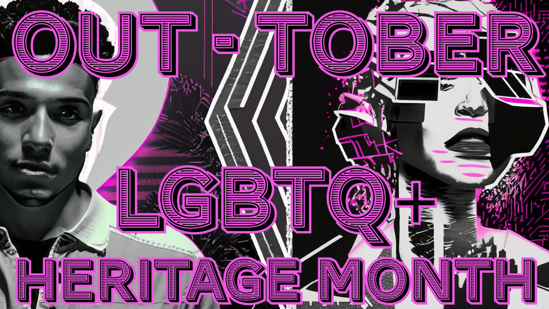 Out-tober LGBT+ Heritage Month banner in a pink & black punk rock theme