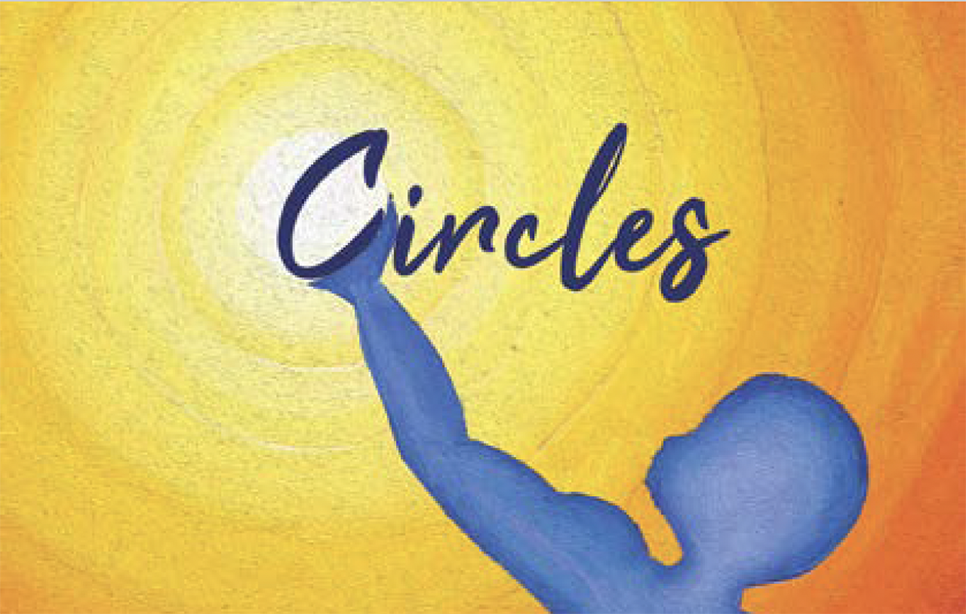 Portion of the cover of the Lyricist Lounge Anthology; blue silhouette of a person reaching arm toward a sun-like object & the world Circles on their hand