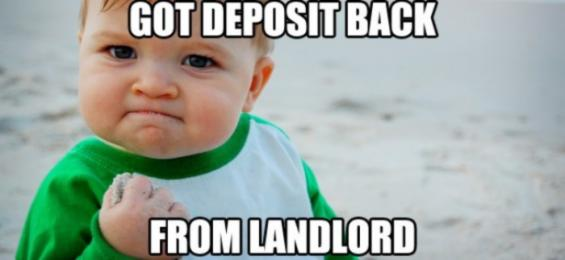 Baby with hand in a fist saying "got deposit back from landlord"