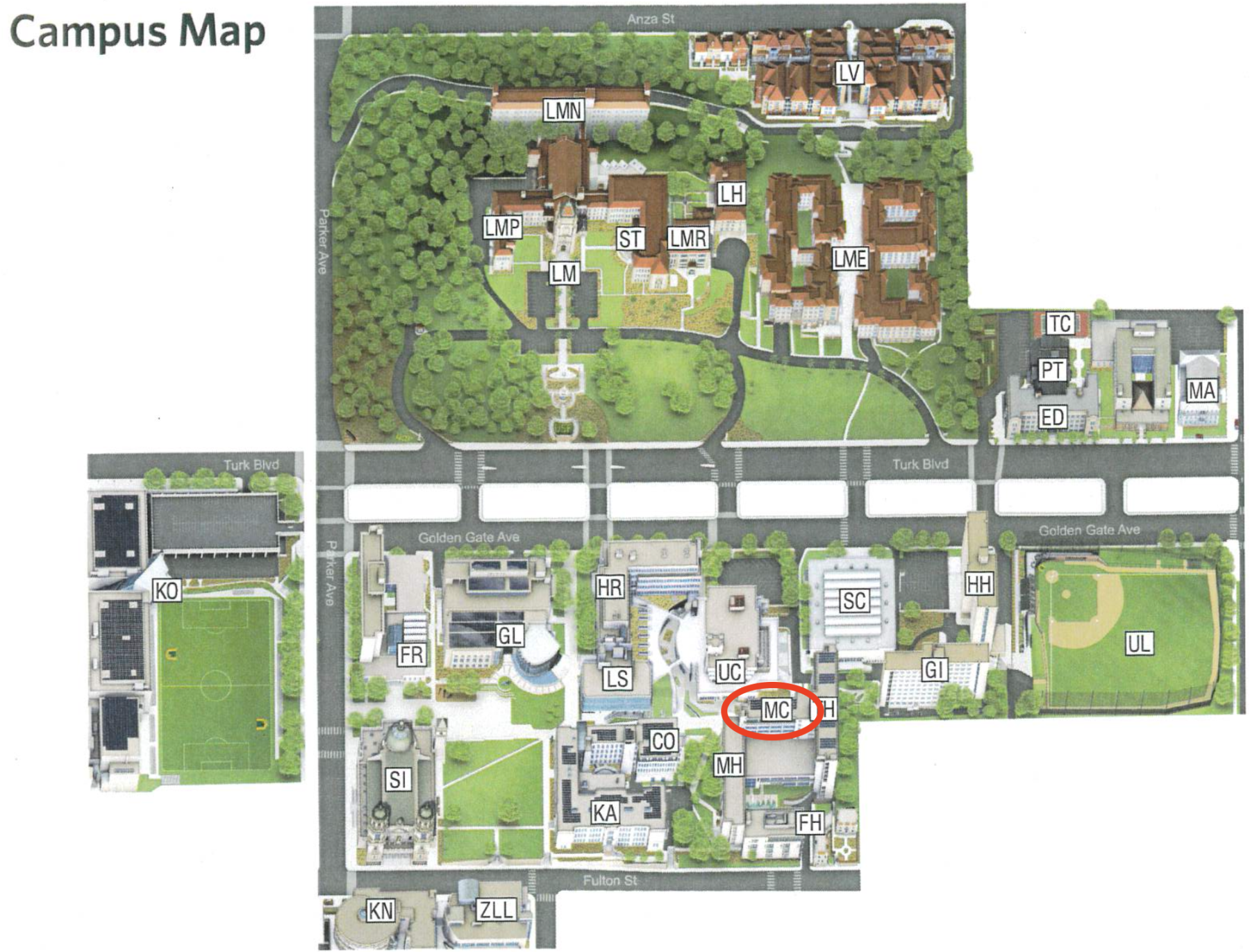 Map of the USF campus. The McLaren Complex is located between Malloy Hall and the University Center, adjacent to Toler Hall.