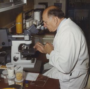 Man in white labcoat using a microscope at a laboratory bench
