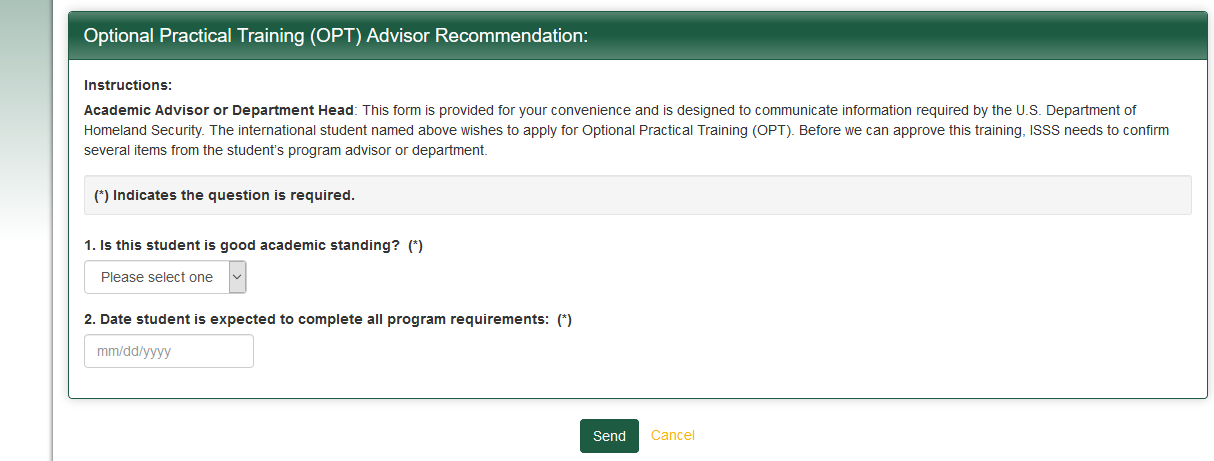 Screenshot of advisor recommendation form