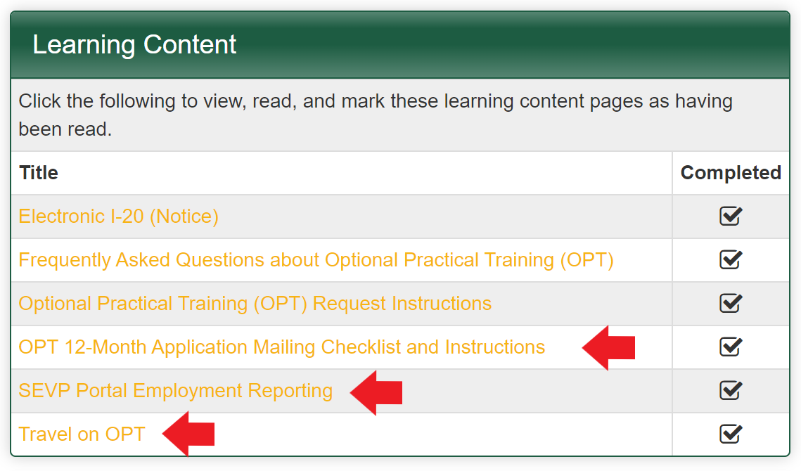 Screenshot of the Learning Content's section on the OPT Record's page