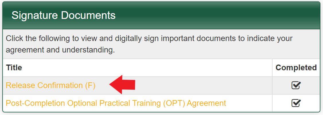 Screenshot of the Signature Documents section of the OPT record's page