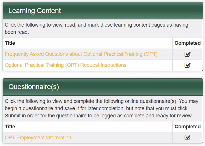 Screenshot of questionnaire in MyISSS