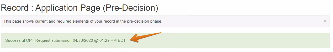 Screenshot of a successful request submission