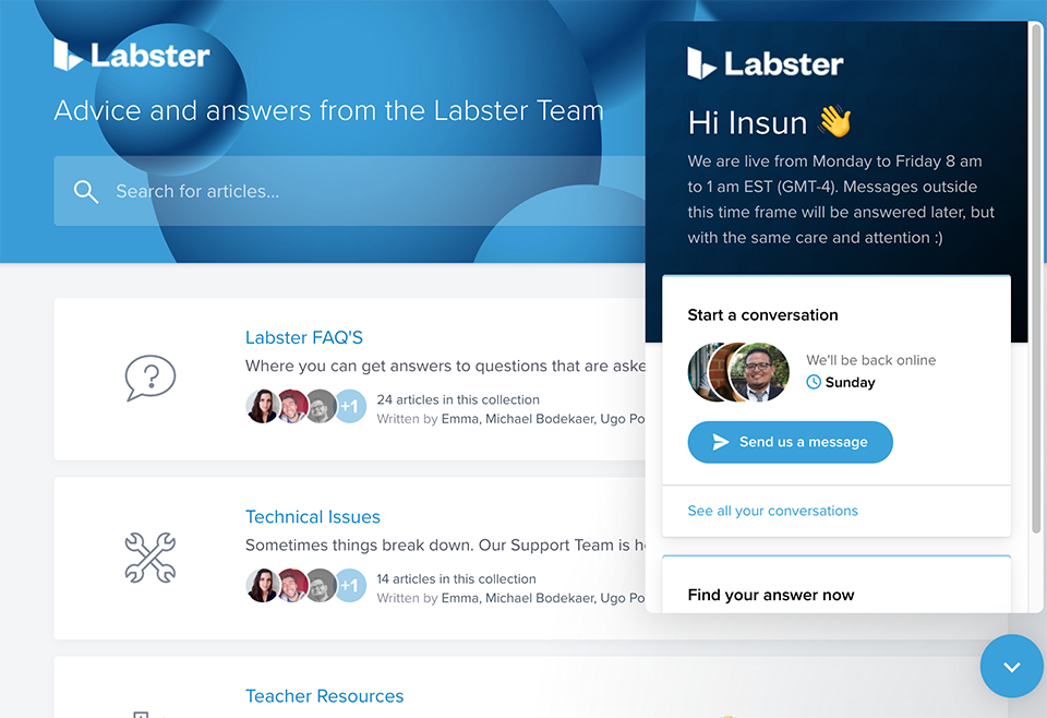 Labster Support page with chat window