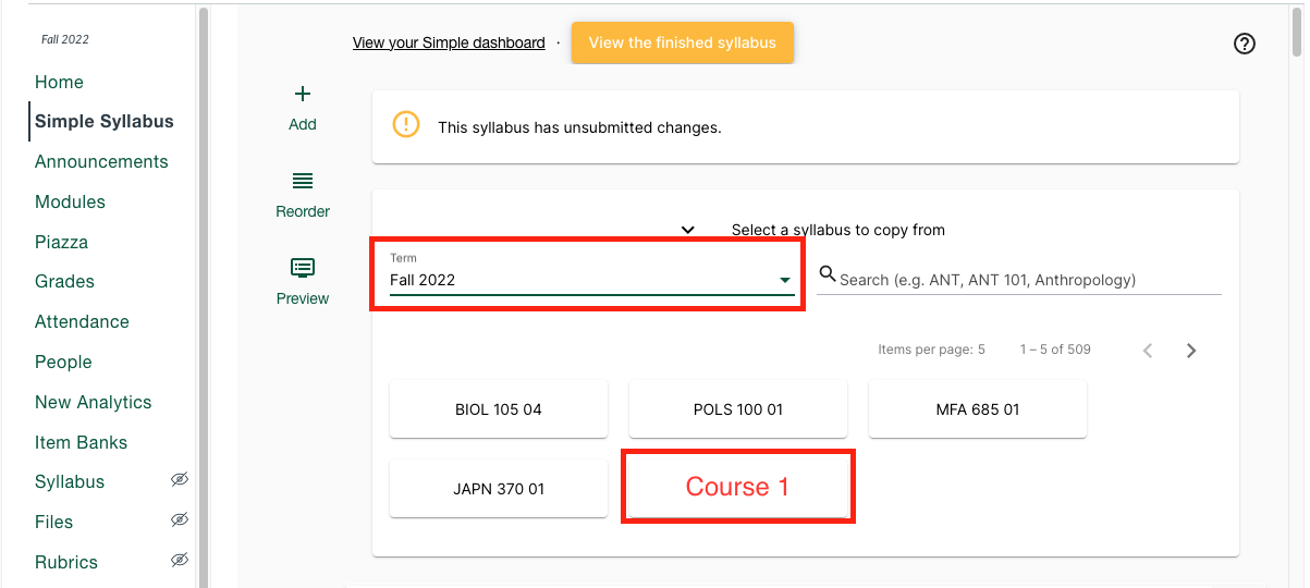 Simple Syllabus in Canvas Course 2, showing how Faculty B imports Course 1 content