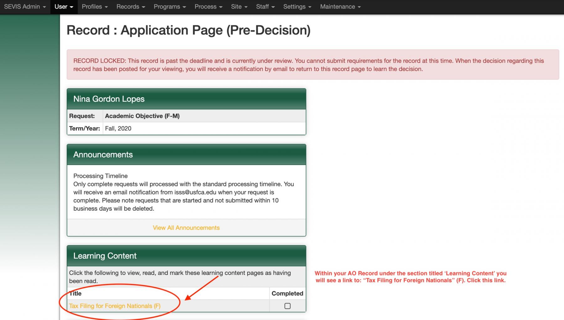 Screenshot of "Record: Application Page (pre-decision), with an arrow pointing to "Learning Content" and "Tax Filing for Foreign Nationals"