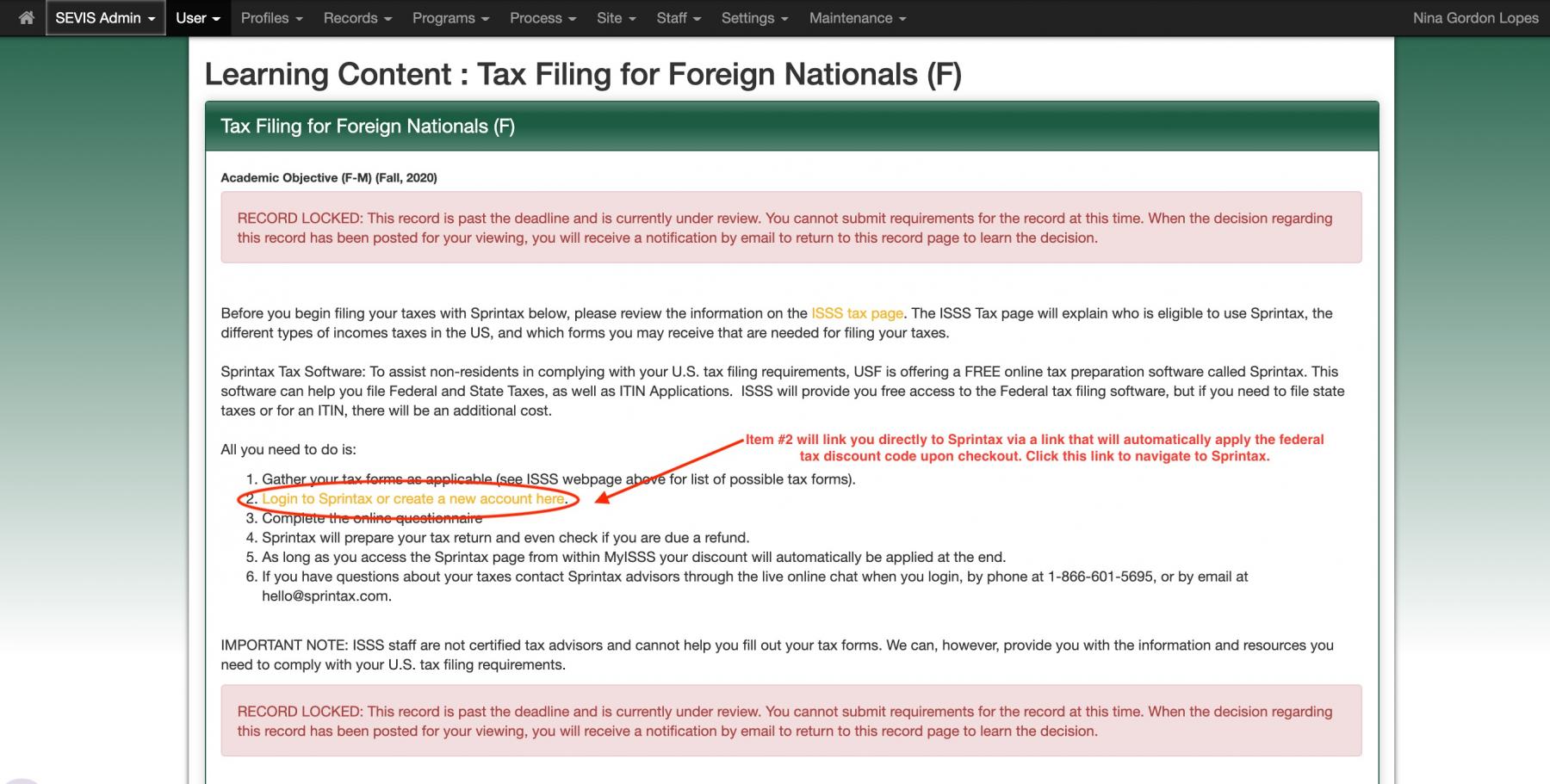 Screenshot of "Learning Content- Tax Filing for Foreign Nationals" with circle around hyperlink to Sprintax under item #2. 