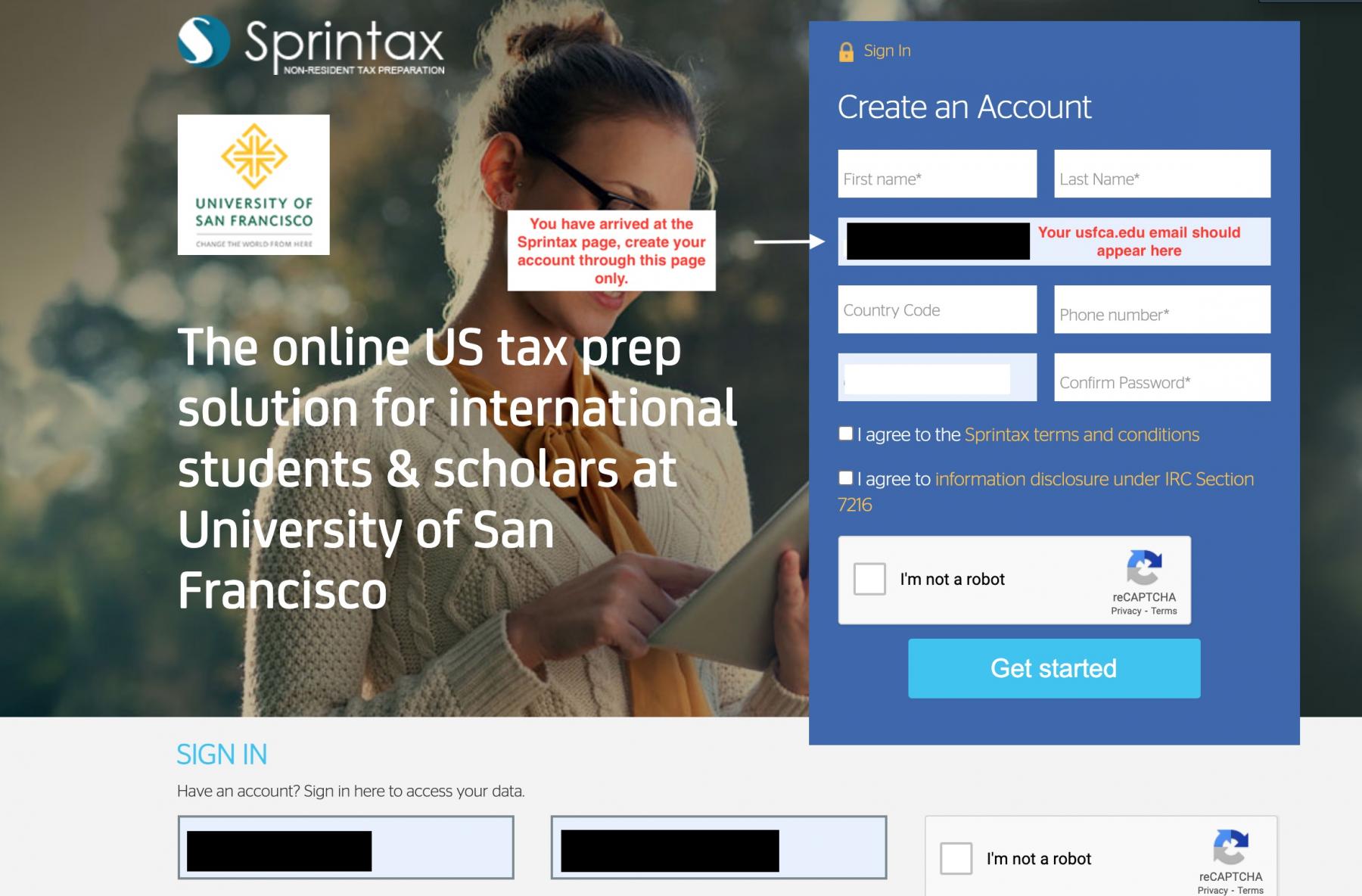 Sprintax login page