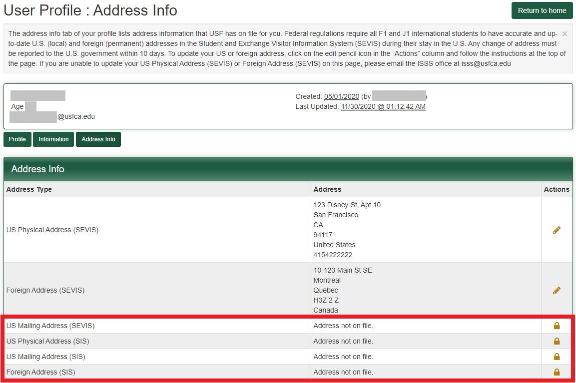 Screenshot of "User Profile- Address Info" page with a red box surrounding the bottom four rows 