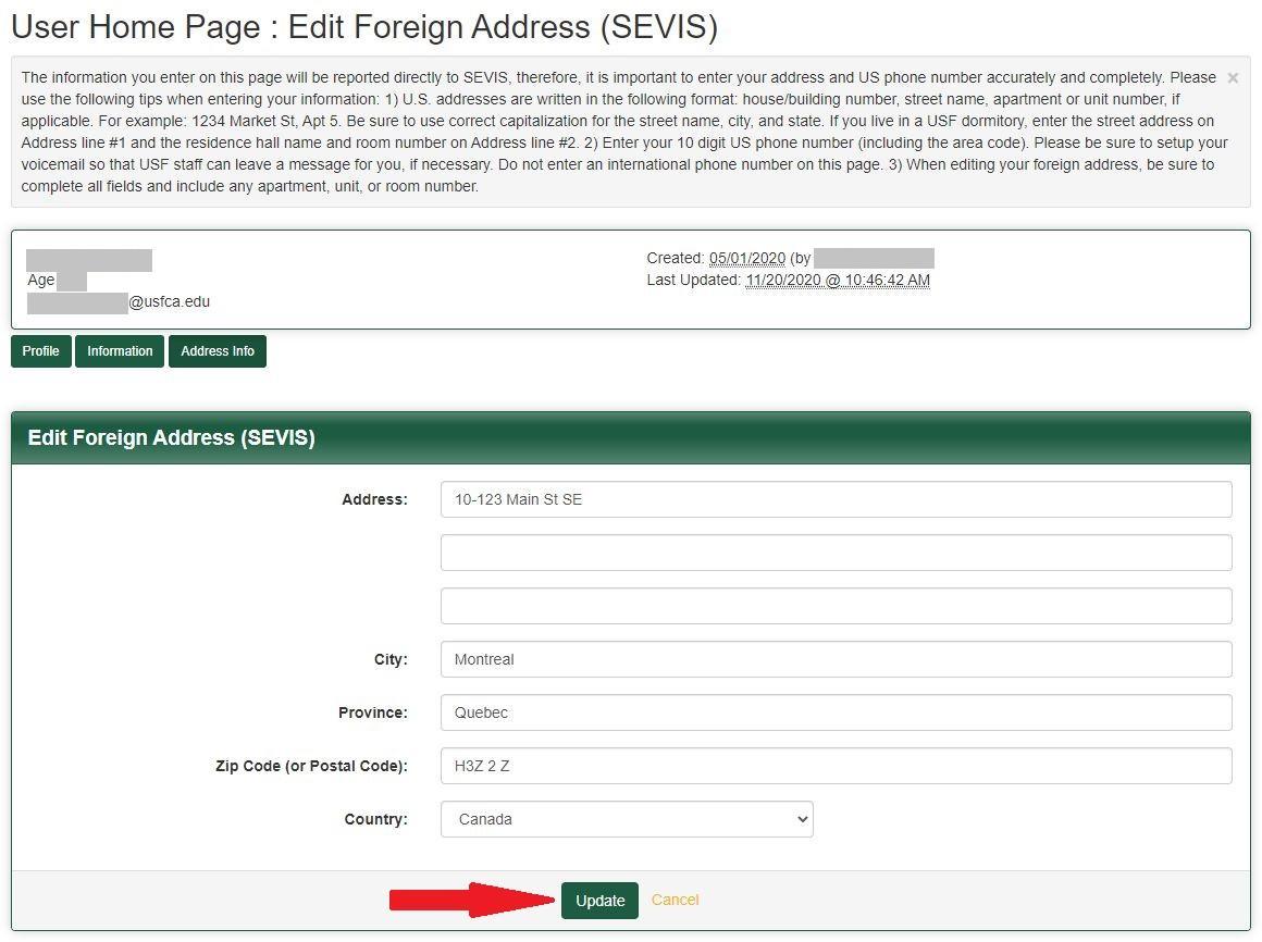 Screenshot of "User Homepage: Edit Foreign Address" with an arrow pointing to "Update" button near bottom of page