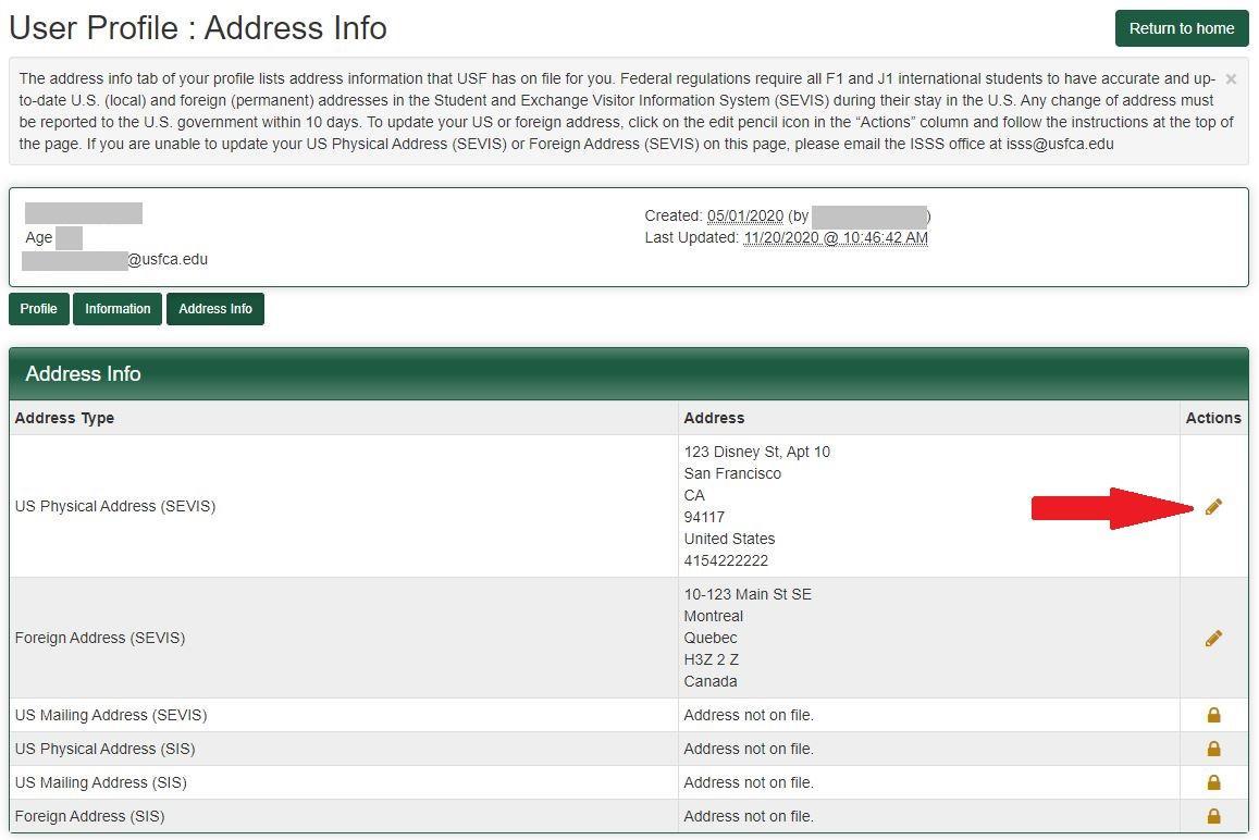 Screenshot of "User Profile" with an arrow pointing to the first pencil icon in the actions column.