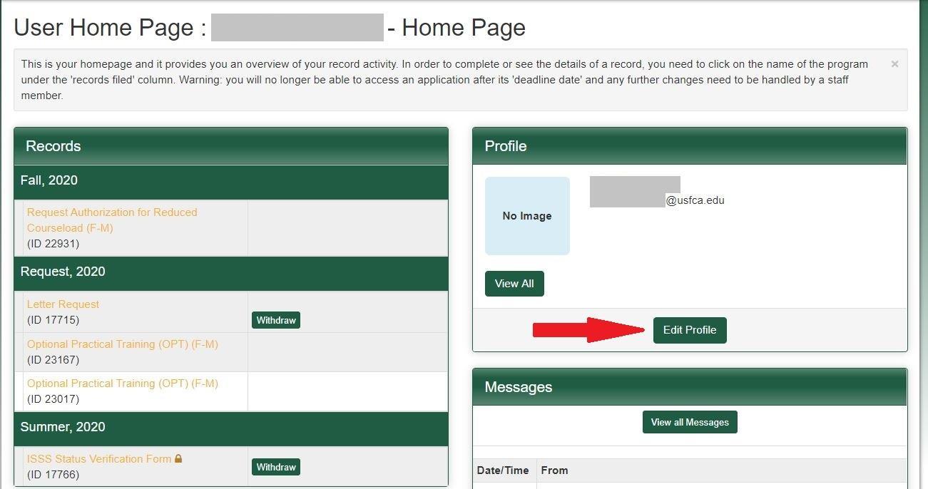 Screenshot of "User Homepage" with an arrow pointing at the "Edit Profile" button inside the "Profile" box.