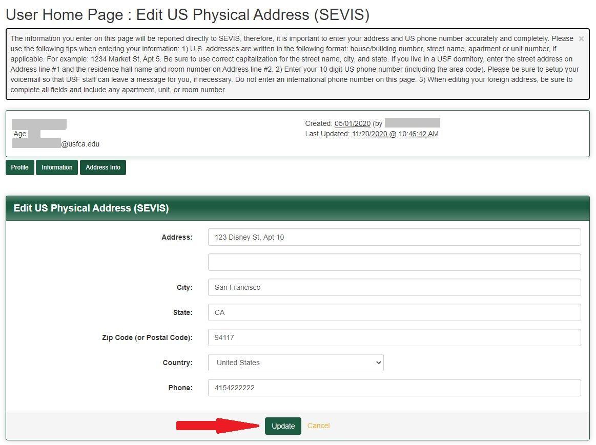 Screenshot of "User Homepage: Edit US Physical Address" with an arrow pointing to "Update" button near bottom of page