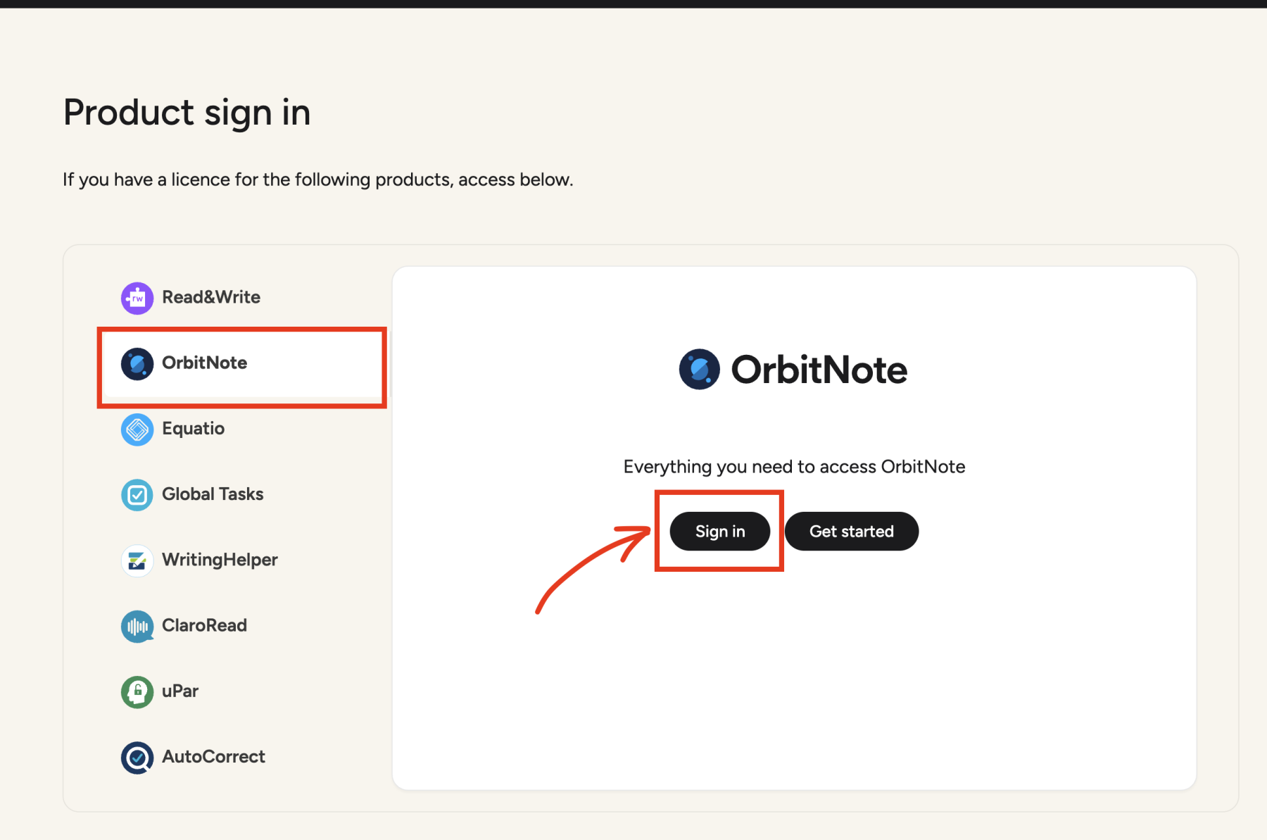 "Product Sign In" page
