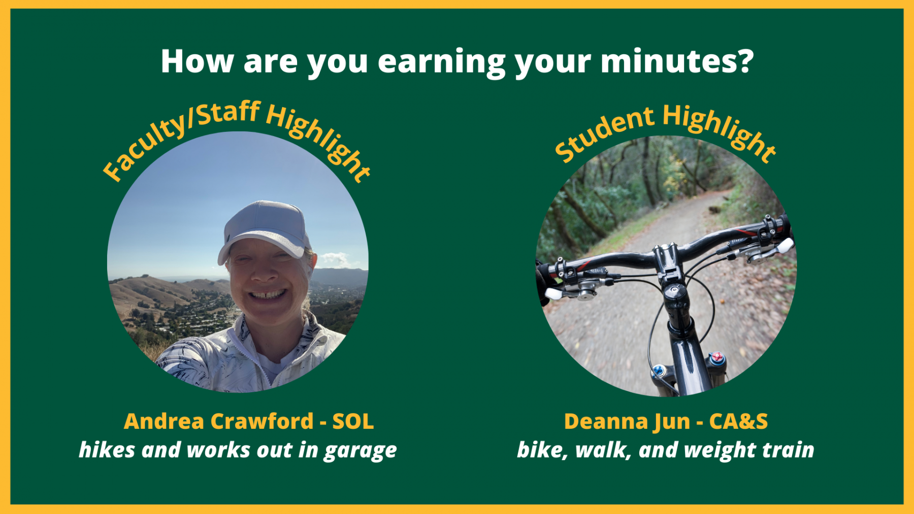 Faculty/staff and student highlights and how they are earning their minutes this month