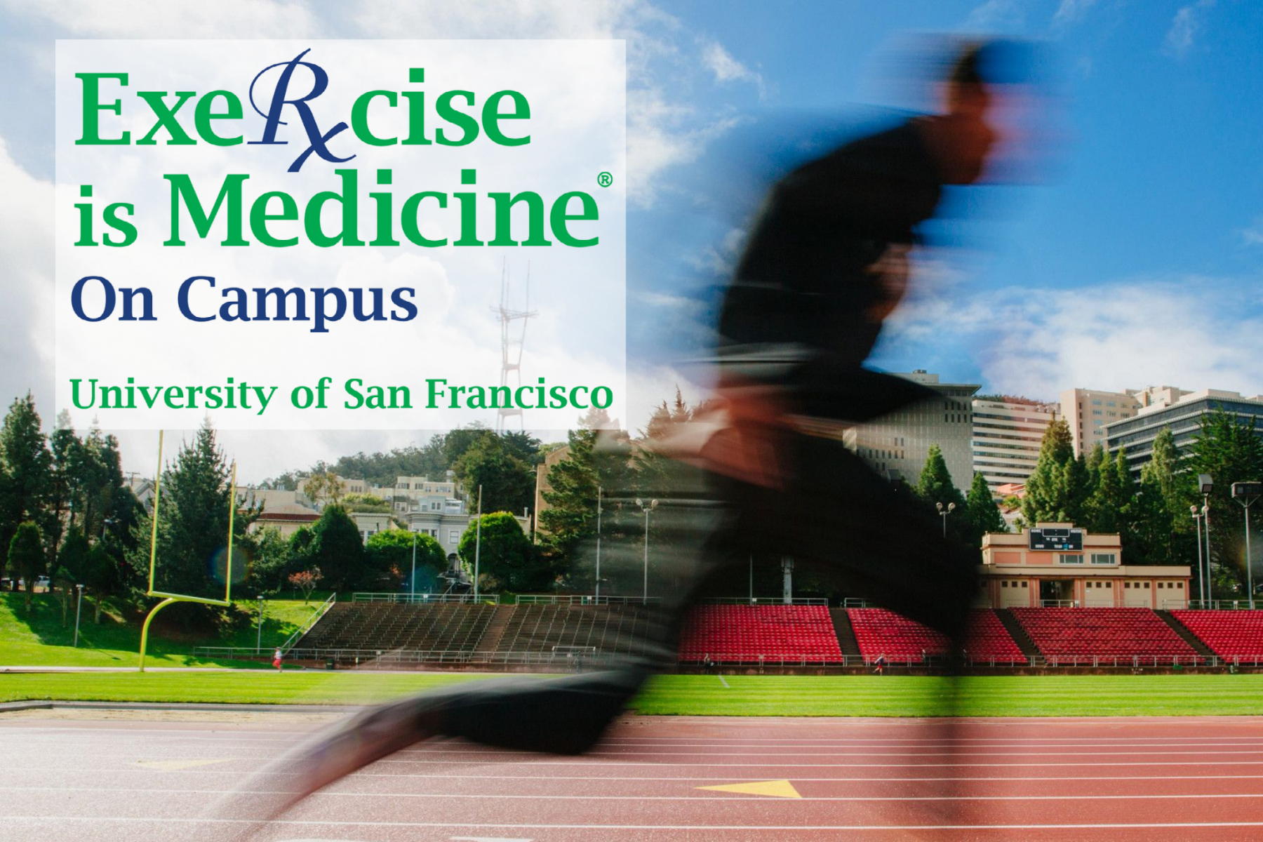 Student running on track with Exercise is Medicine logo
