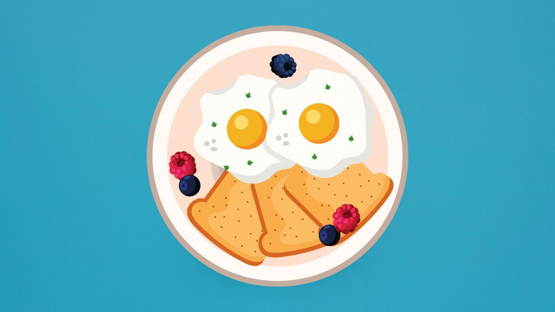 illustrated breakfast plate with bread, eggs, and fruit