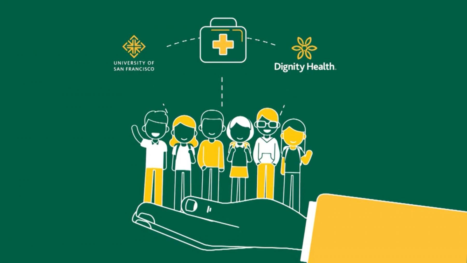 illustration of giant hand holding up people to represent accessing healthcare