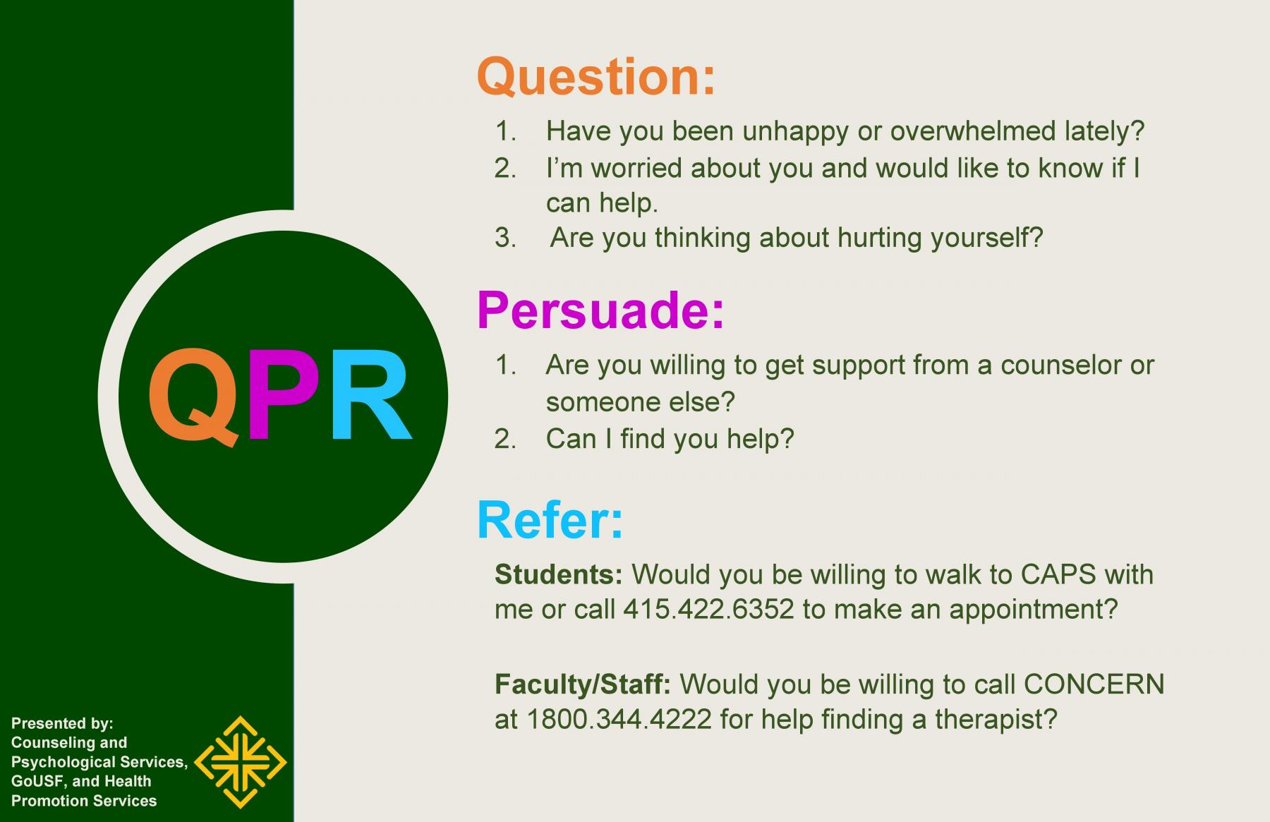 Graphic outlining the steps of Question Persuade Refer