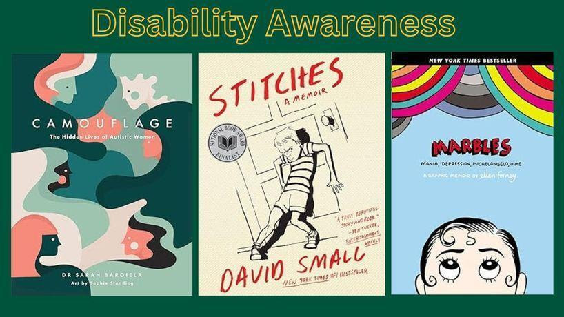 Three book covers: Camouflage by Sarah Bargiela, Stitches: A Memoir by David Small, and Marbles by Ellen Forney 