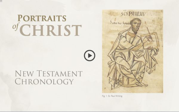 Primary source line sketch of St. Paul writing. Text: Portraits of Christ. New Testament Chronology.