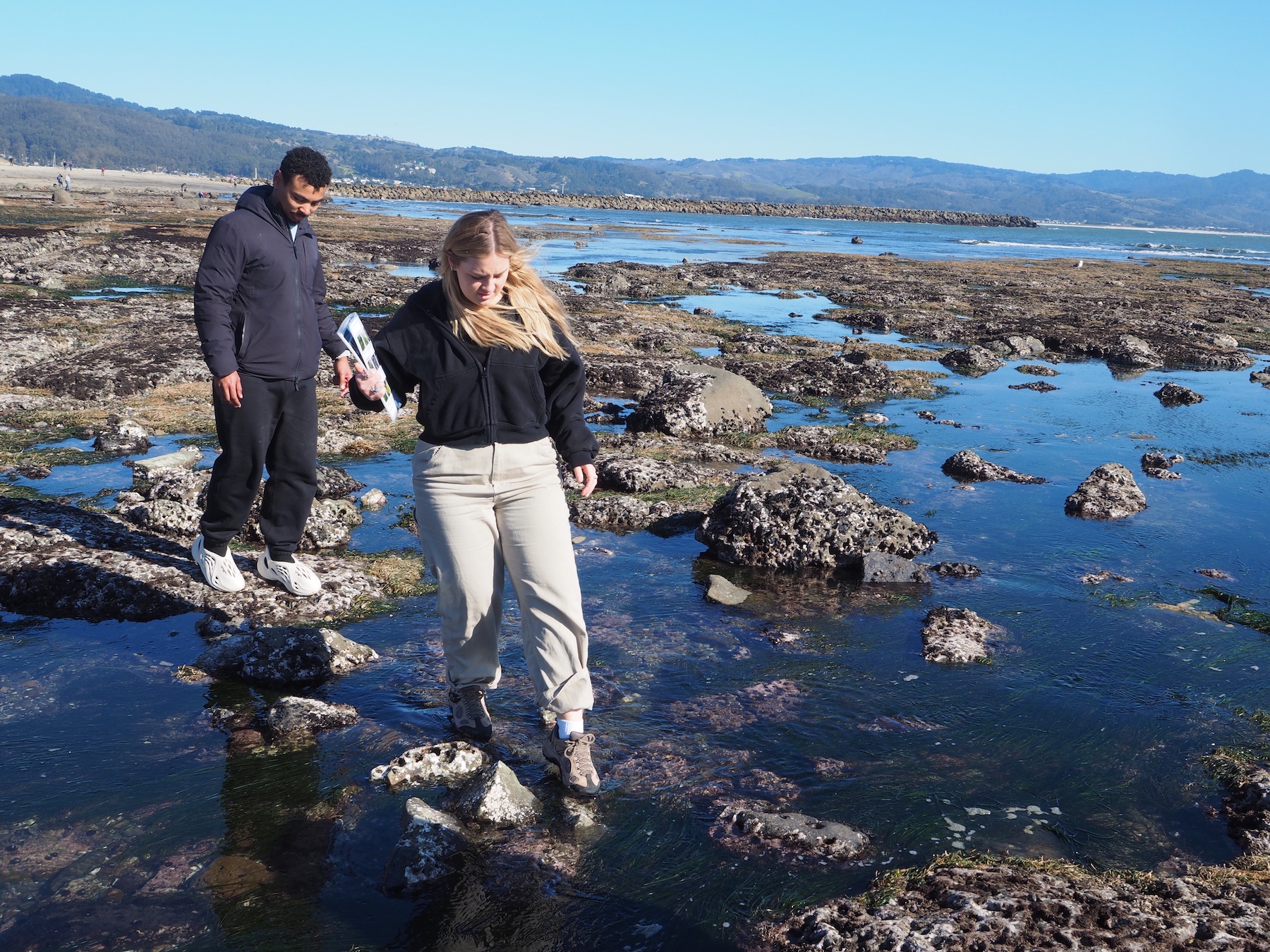 Two students walking over tide pools carrying clipboards.