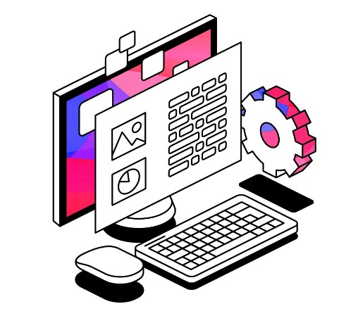 Computer monitor with graphs, a mouse, and a keyboard. There is also a gear next to the computer.