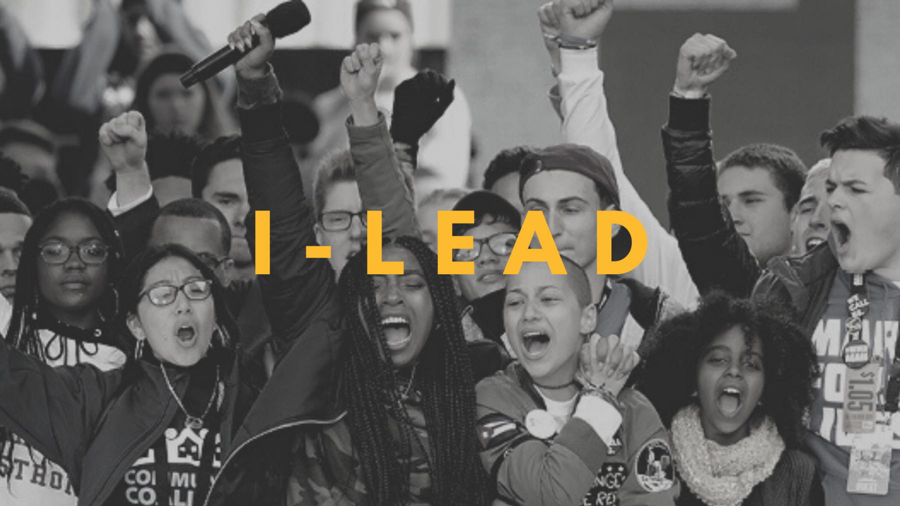 parkland protesters in black and white "I-LEAD" text in yellos