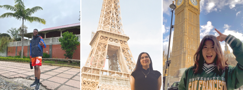 picture 1: black male-presenting student flashes a peace sign in Costa Rica. Picture 2: female-presenting student poses in front on Eiffel Tower. Picture 3: female-presenting student poses in USF jacket in front of the Big Ben Clock.