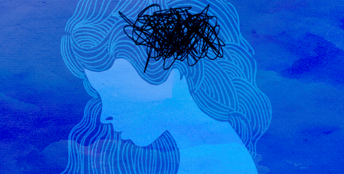 Woman looking down, animated scribbles on her head