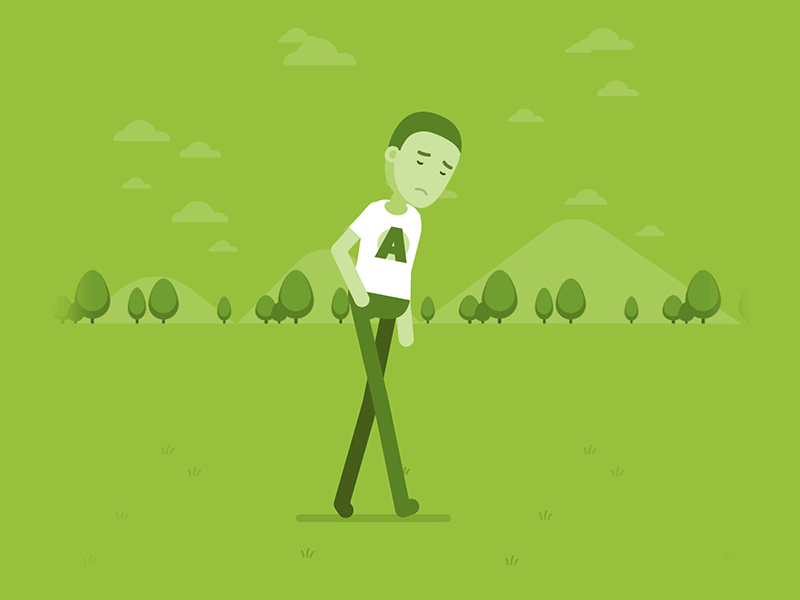 Animation of man walking with head down, inner self jumps out and gives himself a gift