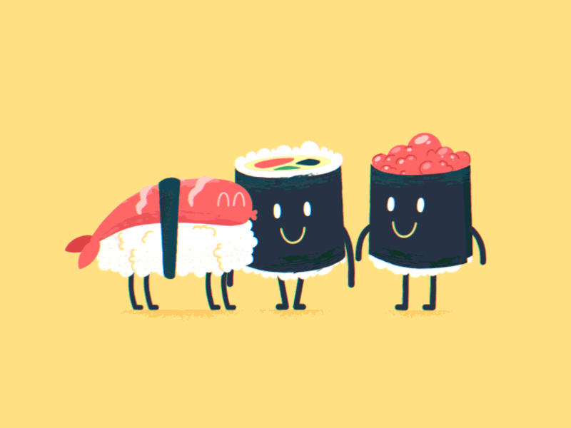 Little pieces of animated sushi interacting with each other