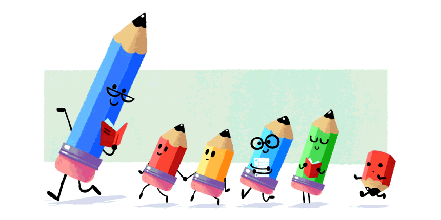 A bigger pencil (as a teacher) leading a line of smaller pencils (as students)