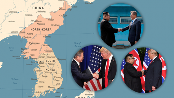 Map of Korean Peninsula with Trump shaking hands with leaders