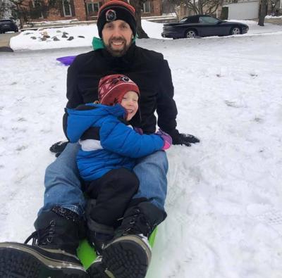 Matt Chesley, Detroit Mercy, sledding with his kid