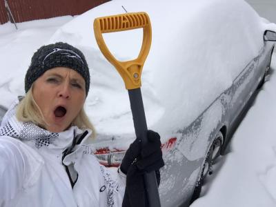 Le Moyne employee shoveling snow