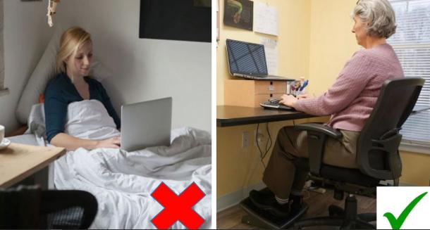 person sitting in bed working and person sitting at a desk working