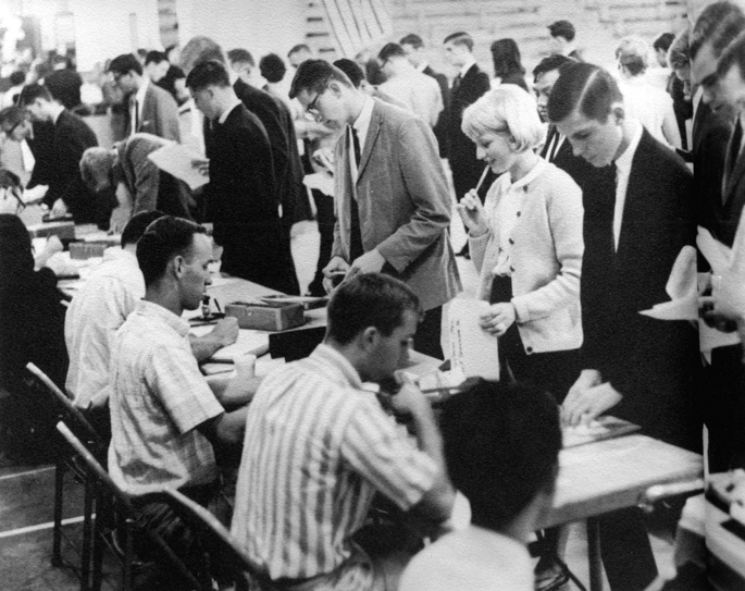 In September 1964, men and women registered together for classes in the regular day division for the first time in the history of USF. UNIVERSITY OF SAN FRANCISCO ARCHIVES
