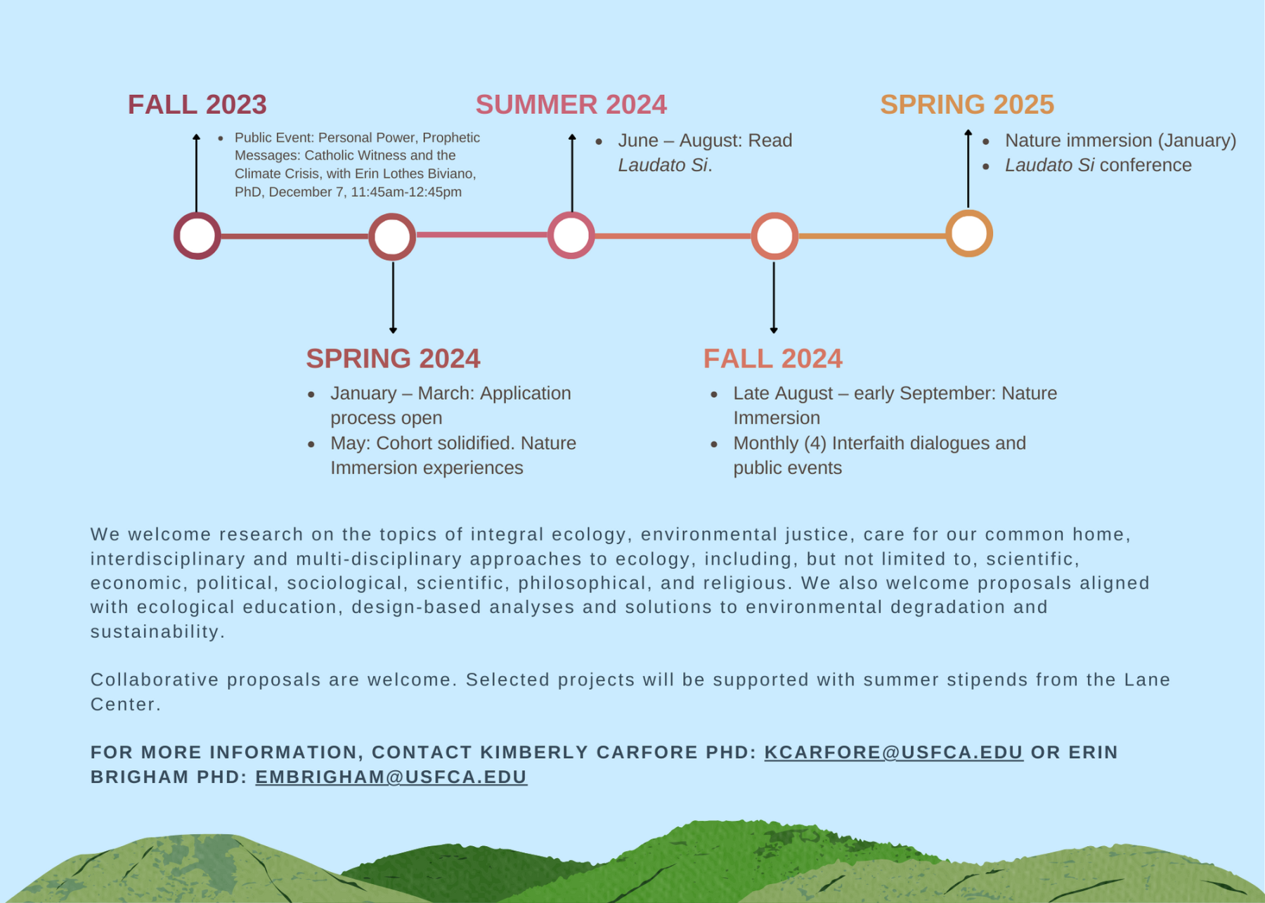 blue flyer with green hills at the bottom and text that outlines the project's timeline