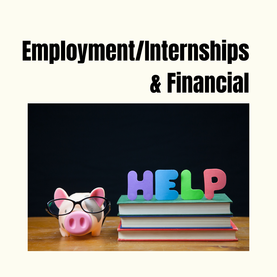 Employment/Internships and Financial, piggy bank with word help on top of three books