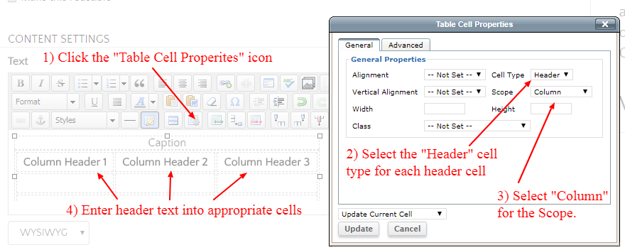 A screenshot demonstrating how to add scope to a table using the WYSIWYG editor