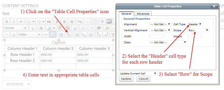 A screenshot demonstrating how to add a scope to both columns and rows in a table using the WYSIWYG editor