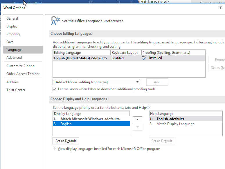 A screenshot showing how to set the language of a word document