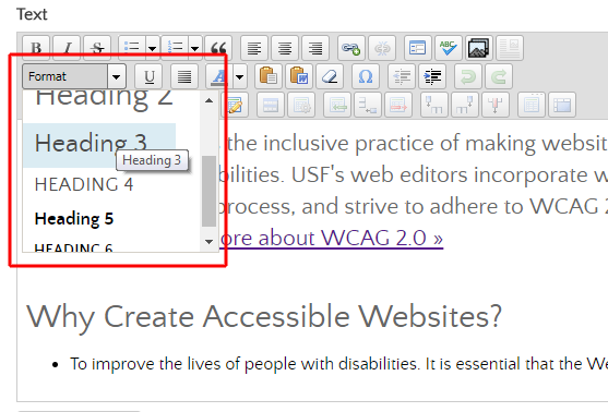 Example illustrating the heading selector in the WYSIWYG editor