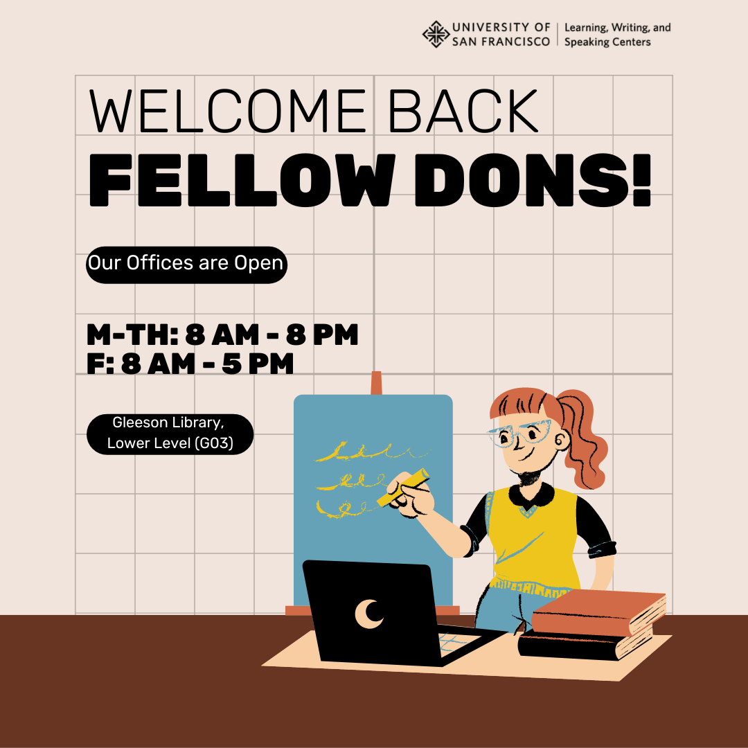 Welcome Back Fellow Dons! Our offices are open. M-Thr: 8AM-8PM & F:8AM-5PM. Gleeson Library, Lower Level (G03)